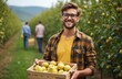 © Maryna - Happy agronomist shows pear harvest in orchard. Smiling man holds crate with fruit crop. Farming student posing at countryside farm. People grow fruit in orchard garden. Pear harvest season.