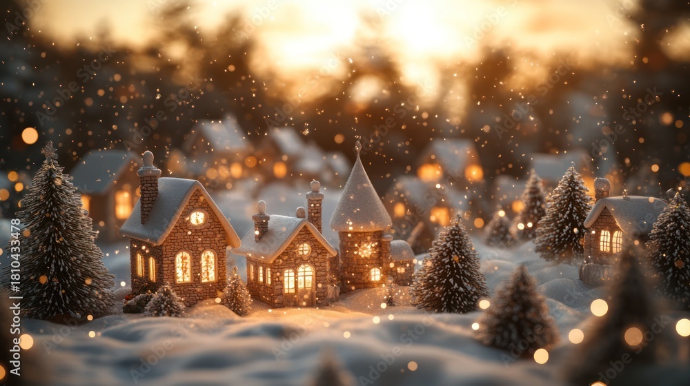 Snowy Christmas Village Scene at Sunset Stock Illustration | Adobe Stock