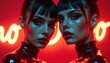 © Maryna - Two women pose in shiny latex outfits with striking red lips, dramatic eye makeup. Neon lights cast blue, red hues on faces. Dark hair styled up, featuring bangs. Share dark, edgy, glamorous look.