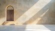 © Fara - An arched wooden door with a decorative transom window stands on stone steps against a textured wall, illuminated by dramatic diagonal sunlight.