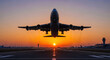 © ProArt Studios - A majestic wide-body jetliner takes flight from an airport runway at dawn, ascending into a vibrant orange and purple sunrise sky.