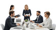 © Cipliart - A business meeting taking place with five people gathered around a table , isolated on transparent background