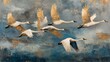 © 楠 刘 - Elegant modern artwork of swans flying towards the moon with gold gilding, abstract strokes and textures, high key low saturation, artistic home decor for neutral palette interiors
