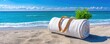 © Tin - Sandy beach setting with white towel bag concept. Relaxing beach scene featuring a towel and greenery by the ocean.