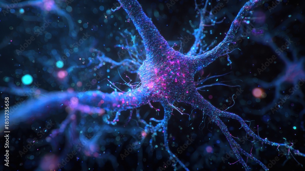 A vibrant depiction of neurons showcasing intricate connections and glowing elements, representing the complexity of the nervous system.