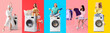 © Pixel-Shot - Set of women with washing machines and laundry on color background