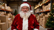 © Nim9ty  Pics - Happy Santa Claus in warehouse during christmas season handling financial tasks for online shopping and order fulfillment