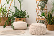 © Pixel-Shot - Interior of room with poufs and houseplants near white wall