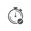 © MD. MAHRUF ZAMAN - Monochromatic dark grey silhouette vector icon of a stopwatch with a checkmark, symbolizing quick service, successful completion, time tracking, efficiency, and speed measurement on a white background
