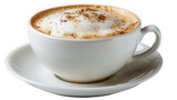 Delicious cappuccino in a white cup with foam and powder, isolated on transparent background