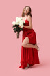 © Pixel-Shot - Beautiful young woman with bouquet of white roses on pink background