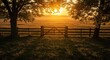 © CrazyJuke - Golden Hour Gateway: A serene landscape, where a rustic wooden gate beckons, framed by two stately trees, with the warm hues of the setting sun casting a golden glow over a vast field.