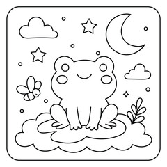  Cute Frog on Cloud Coloring Page – Kawaii Night Sky Scene for Kids
