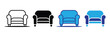 © Mahir - Four stylized armchair icons presented side by side: outline, solid black, bright blue, and dark blue with light blue accents, representing furniture design concepts.