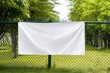 © AI STOCK ZONE - Stylish photo of blank white banner on green chainlink fence in park, ready for custom message