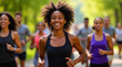 © Maria - Realistic image of a smiling woman running in a park with a group, symbolizing the concept of diversity and inclusion in sports and active lifestyle.