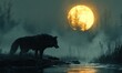 © Bristi - Wild wolf standing by misty river under a magnificent full moon at night
