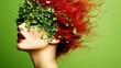 © TEN.POD - Vibrant fashion portrait of a model with greenery hair studio editorial photography artistic environment side view nature-inspired concept