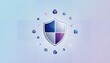 © MEO - Shield icon with security symbols floating around it on light background