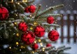 © Sadek - Red christmas tree ornaments on snow-covered pine branches