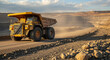 © MARS - Massive yellow mining dump truck driving on a dusty dirt road in an openpit mine under a cloudy sky