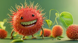 3d cute rambutan character hairy red fruit green