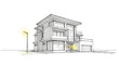 © Suaib - Architectural sketch of a modern twostory house with large windows and a flat roof, isolated on white background the house has a garage and a street light