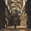 © Thanaseth - A grand library with infinite bookshelves stretching into the horizon, with a scholar lost in thought   high resolution   for isolate image