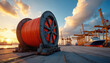 © Vadym - Massive orange cable spool on rails at busy port with cranes and ships. Industrial maritime logistics and heavy cargo transport. Ocean shipping infrastructure at sunset.