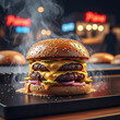 © NAHID - Gourmet Burger Delight: A mouthwatering, double-patty burger, layered with melted cheese, fresh vegetables, and savory sauce, sits atop a hot griddle.