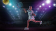 © Lustre Art Group  - Female tennis player indoor forehand strike illuminated 3D arena. Concept of professional training, physical power, sports broadcasting, coaching materials, and athlete motivation campaigns.
