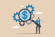 © Design gallery - Businessman analyzes money symbol with magnifying glass and gears, for financial process optimizations.