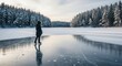 © musa - Person ice skating on frozen lake in winter landscape.