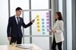 © pornchai - caucasian Businessman and women meeting at office and use post it notes to share idea. Brainstorming concept. Startup, Young Entrepreneurs or business owner. Sticky note on glass wall in modern office