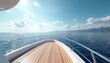 © Vadym - Bow of luxury yacht sails on deep blue ocean under sunny sky with scattered clouds. Distant mountains rise from coast with calm sea waves reflecting bright sun glare.