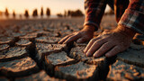 pickle happy Farmer surveying dry, cracked soil in golden hour light, climate change, agricultural livelihood under stress 