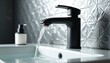 © Vadym - Modern black faucet pours water into white sink. Bathroom accessory with soap dispenser in background. Clean hygiene essential for washing hands.