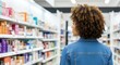 © Mariya Sorvacheva - Young woman with curly hair exploring vibrant cosmetics and perfume store shelves, surrounded by colorful beauty products, showcasing a modern shopping experience and personal care choices