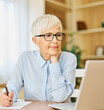 © Lumos sp - Portrait of a mature senior woman a businesswoman working from home having a meeting online, home office, or a student learning, or mature woman surfing net shopping or reading