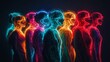 © Olsek - A vibrant display of silhouettes glowing in electric colors. Each figure represents individuality and creativity. Explore the intersection of technology and art. Generative AI