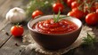 © Honey - Homemade tomato sauce simmering in a rustic bowl with fresh herbs and garlic, perfect for cooking and delicious recipes, vibrant and organic