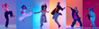 © master1305 - 5 vibrant hip-hop dancers collage with energetic poses in colorful studio lighting. Concept of urban dance promotion, youth culture advertising, and expressive movement visuals
