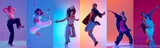 5 vibrant hip-hop dancers collage with energetic poses in colorful studio lighting. Concept of urban dance promotion, youth culture advertising, and expressive movement visuals