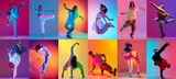 Contemporary dance collage with expressive performers captured in neon gradient lighting. Concept of modern choreography visuals, artistic motion advertising, and youth culture promotion