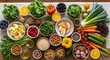 © Bounpaseuth - Colorful Harvest: a vibrant arrangement of fresh fruits, vegetables, seeds, nuts, and greens, creating a beautiful display. A feast for eyes, ready to promote health, wellness and nutrition.
