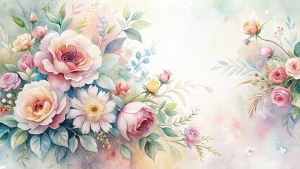  Delicate floral watercolor painting on a white background with soft pastel colors and intricate brushstrokes