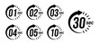 © Hasan_Sumon - Second timer, clock, stopwatch, Countdown timer, cooking time icon set. 1, 2, 3, 4, 5, 10, 30 second dial. Colorful isolated set, symbol. Vector illustration