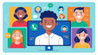 © theevit - A cartoon image of a group of people on a computer screen. The man in the center is smiling and has a phone in his hand. The other people are also smiling and appear to be friends