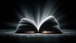 © Kanchanit - Floating white book illuminated against black background, creating dramatic and ethereal atmosphere. light emanates from book, enhancing its pages and inviting curiosity