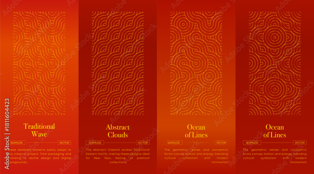 Asian seamless pattern collection in red and gold oriental style ...